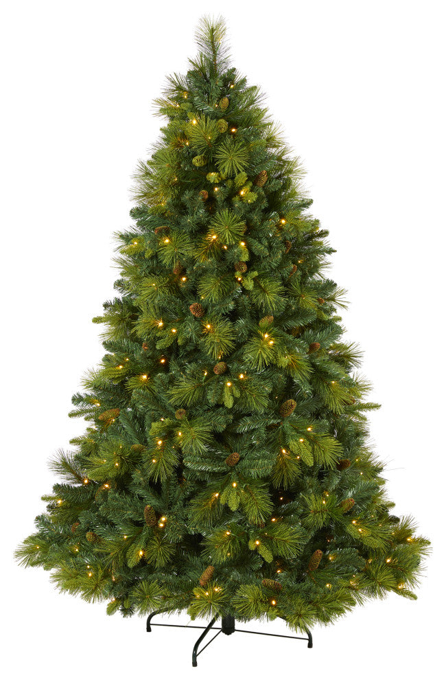 6.5' North Carolina Pine Faux Xmas Tree W/Lights, Bendable Branches & Pinecones