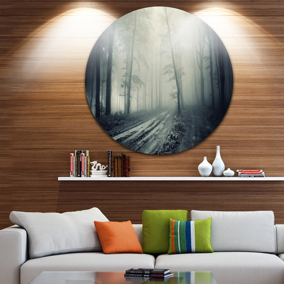 Spooky Dark Forest With Fog, Landscape Photo Round Wall Art, 23"
