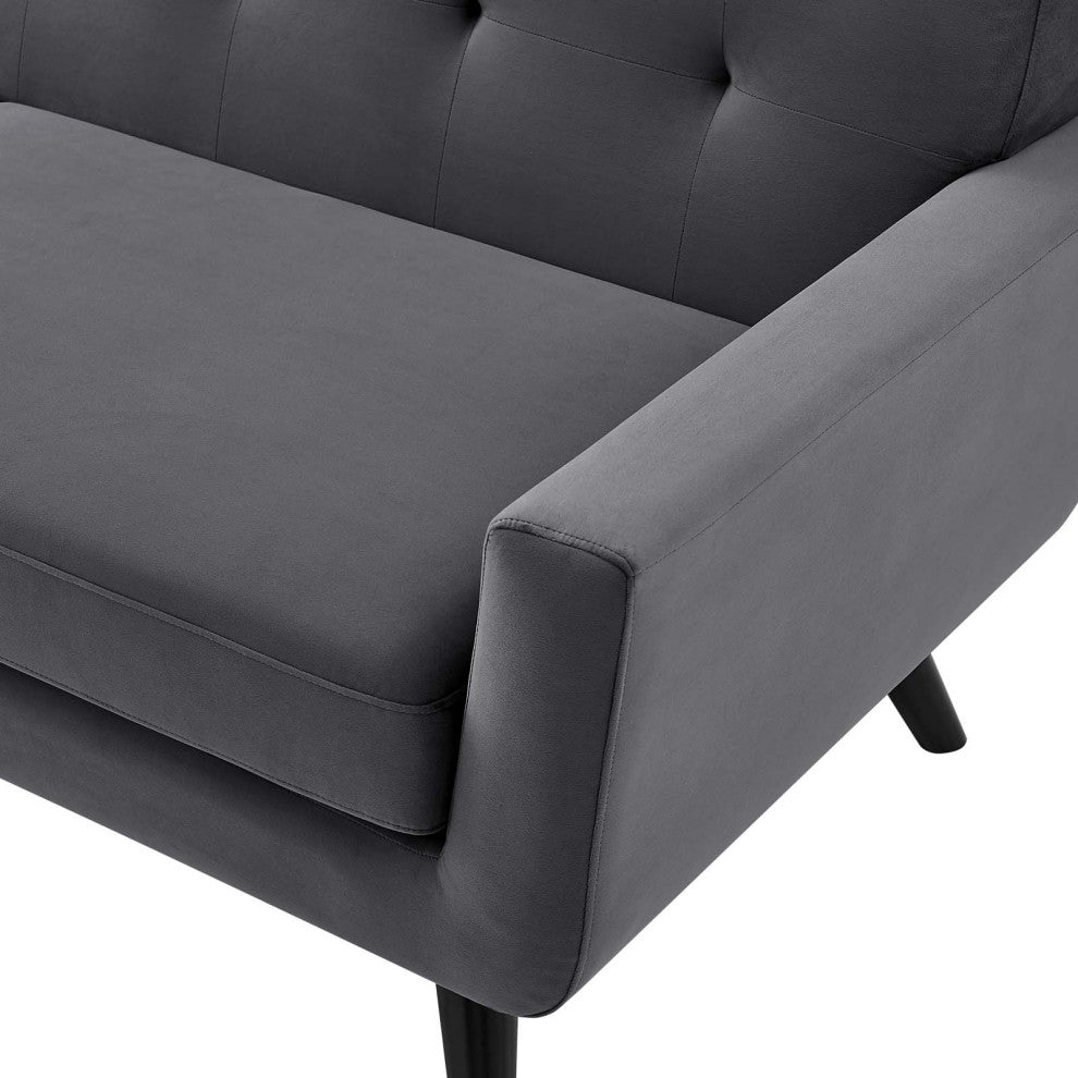 Loveseat Sofa, Gray, Velvet, Modern, Mid Century Hotel Lounge Cafe Lobby
