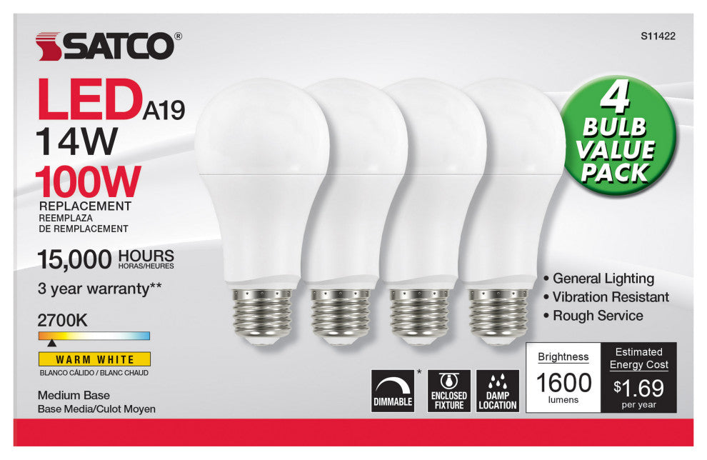 14W A19 LED, 2700K, Dimmable, Medium Base, 230 deg. Beam Angle, 4-Pack
