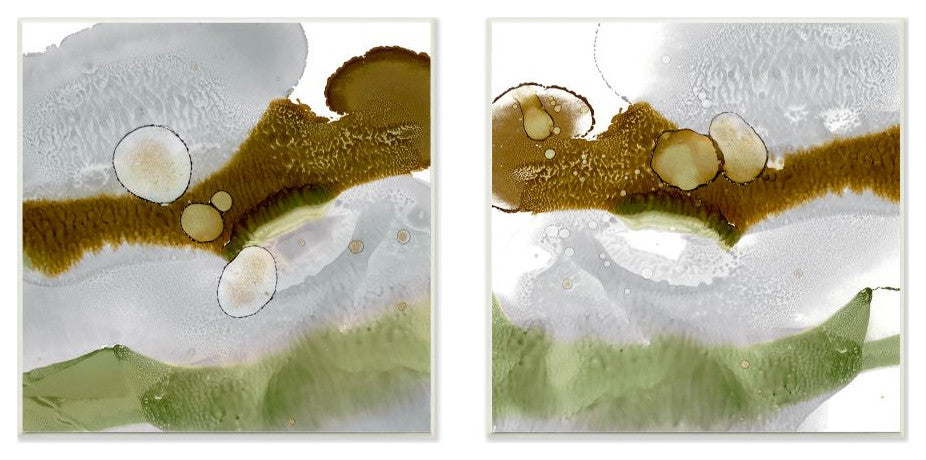 Gold Green Liquid Abstract Painting 2-Piece Set, 12"x12"