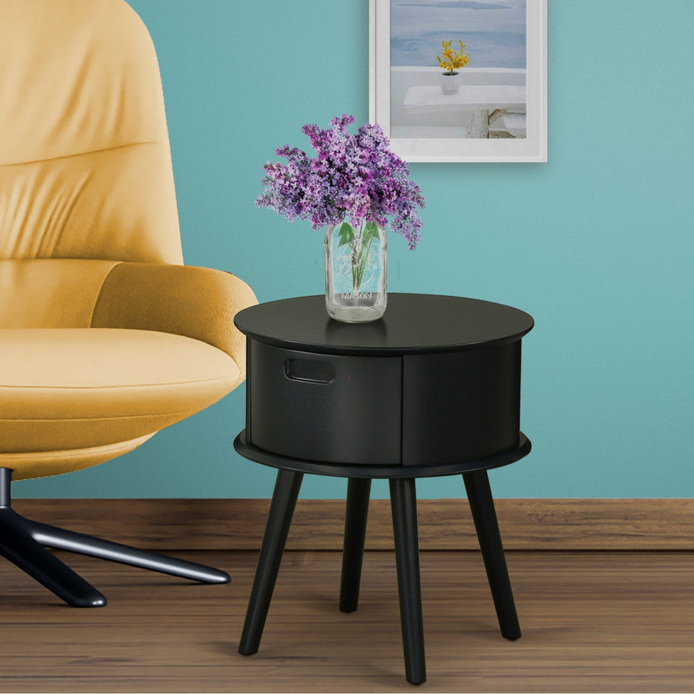 Gordon Round Night Stand End Table With Drawer, Black Finish