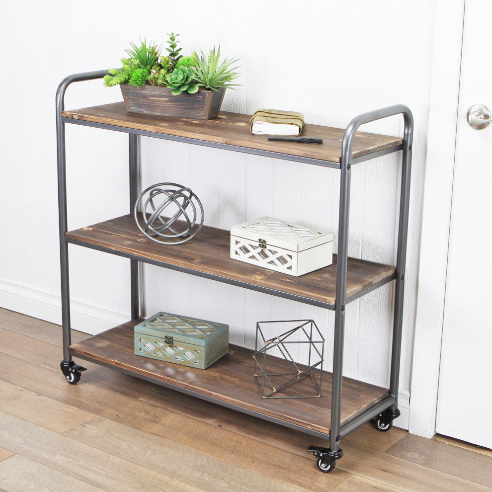 3-Tier Metal and Wood Caster Cart, Brown and Gray