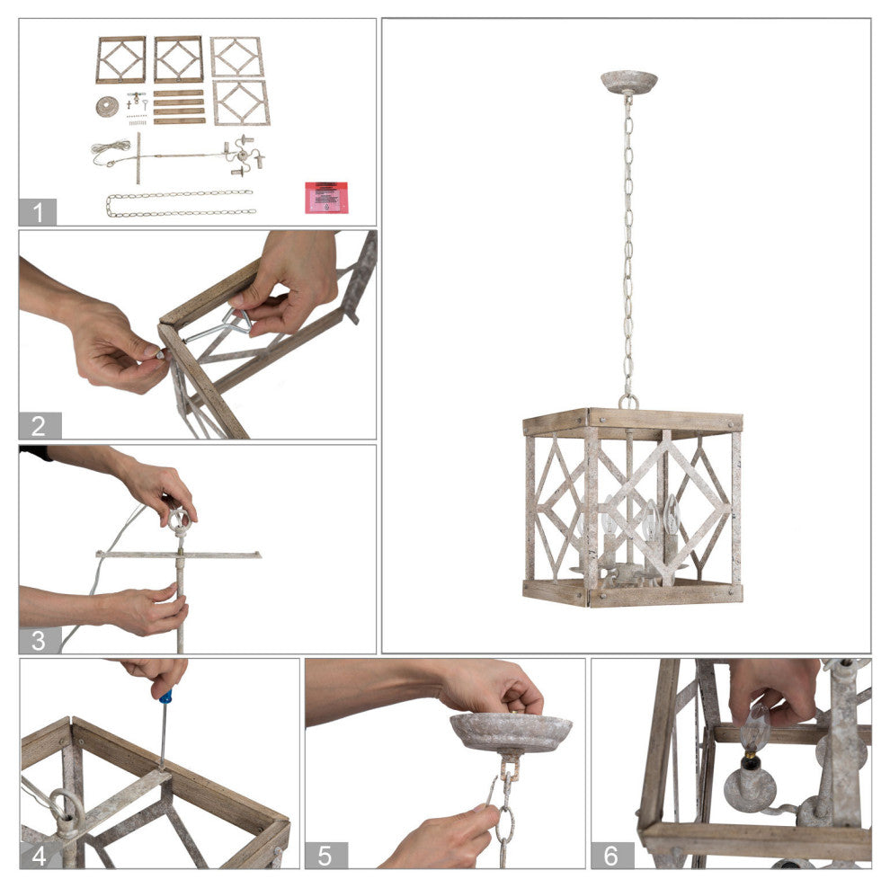 LALUZ 4-Lights Antique White Wood Farmhouse Square Chandelier