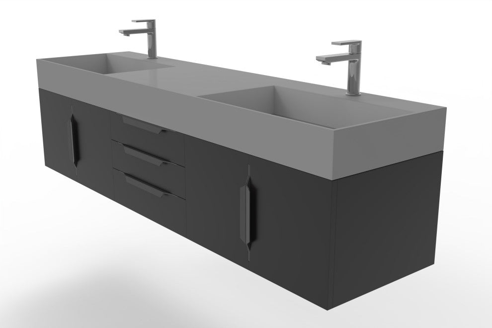 CastelloUSA Amazon 72" Wall Mounted Vanity Set, Black, Gray Top, Black Handles