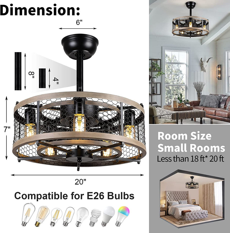 5 Light Cage Ceiling Fan With Light Remote Contral Farmhouse Ceiling Fan Lamp