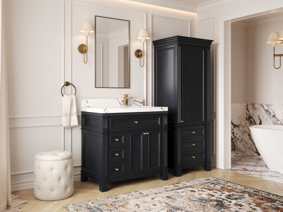 Paris 36" Right Offset Bathroom Vanity, Black 2" Calacatta Gold