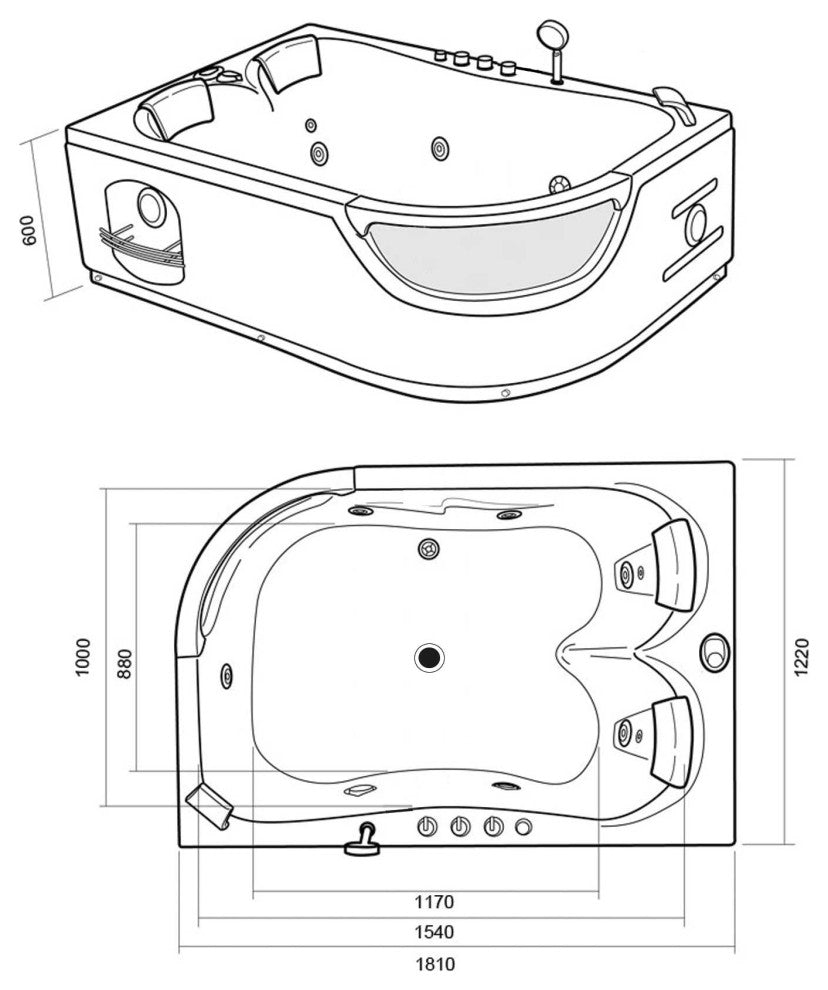 Whirlpool Bathtub Black 72"x48" Hot Tub Double Pump and Heater, Pegaso