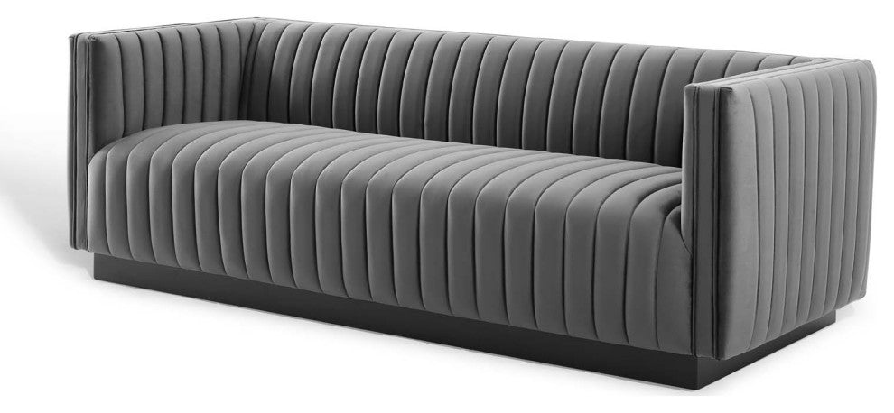 Tufted Sofa, Velvet, Gray, Modern, Living Lounge Hotel Lobby Hospitality