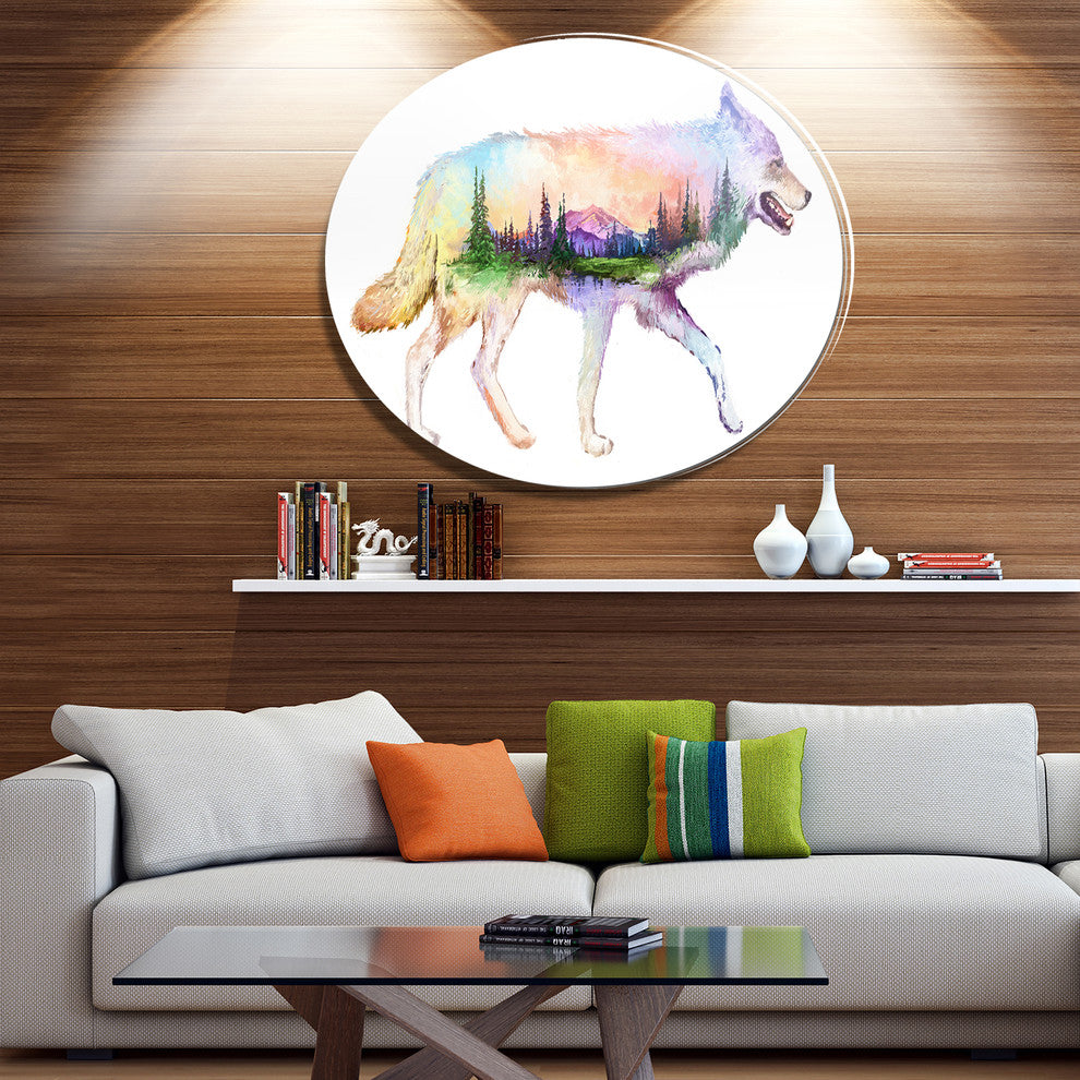 Wolf Double Exposure Illustration, Animal Large Disc Metal Artwork, 11"