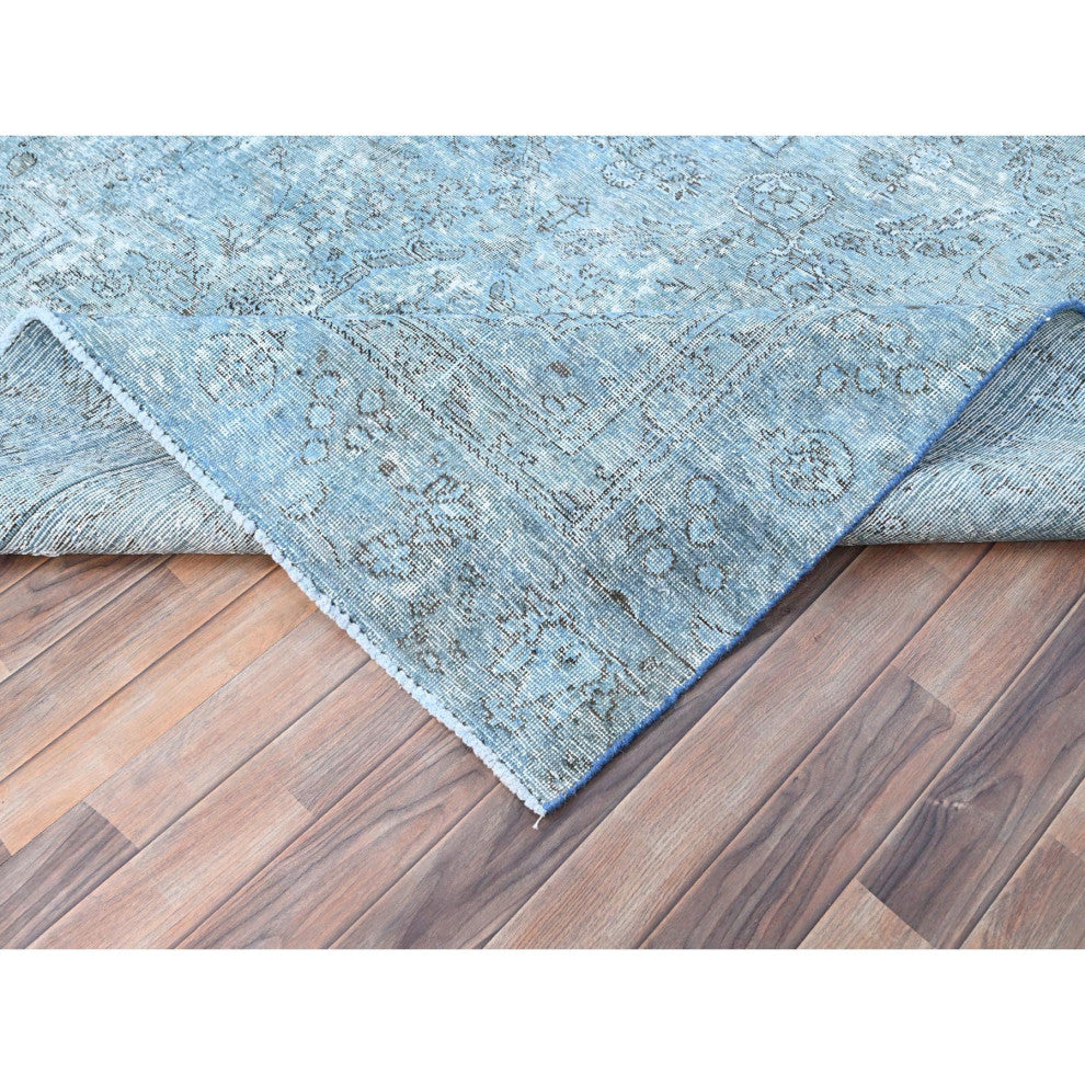 Medium Turquoise Pure Wool Hand Knotted Vintage Persian Tabriz Rug 7'1"x10'7"