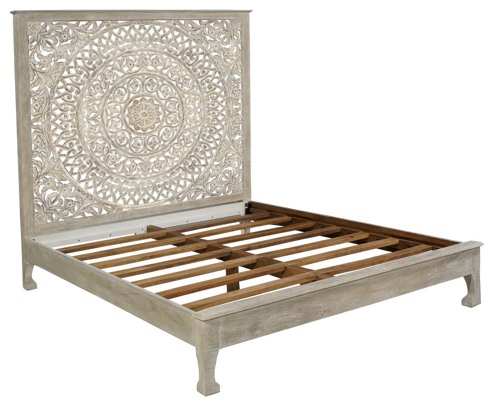 Milano Floral Carved Solid Wood Queen Panel Bed, Gray, King