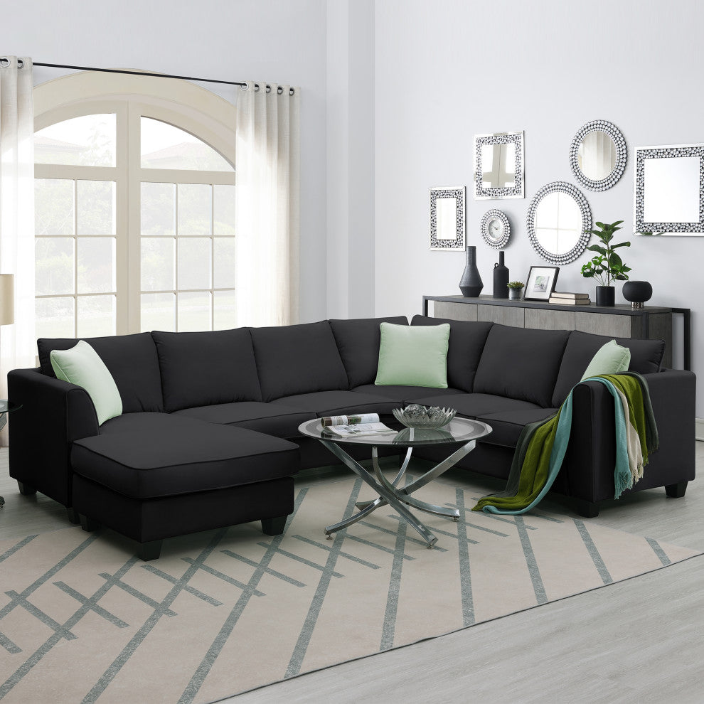 7-Seat Fabric Modular Sectional Sofa Couch Set with Ottoman and Pillows, Black