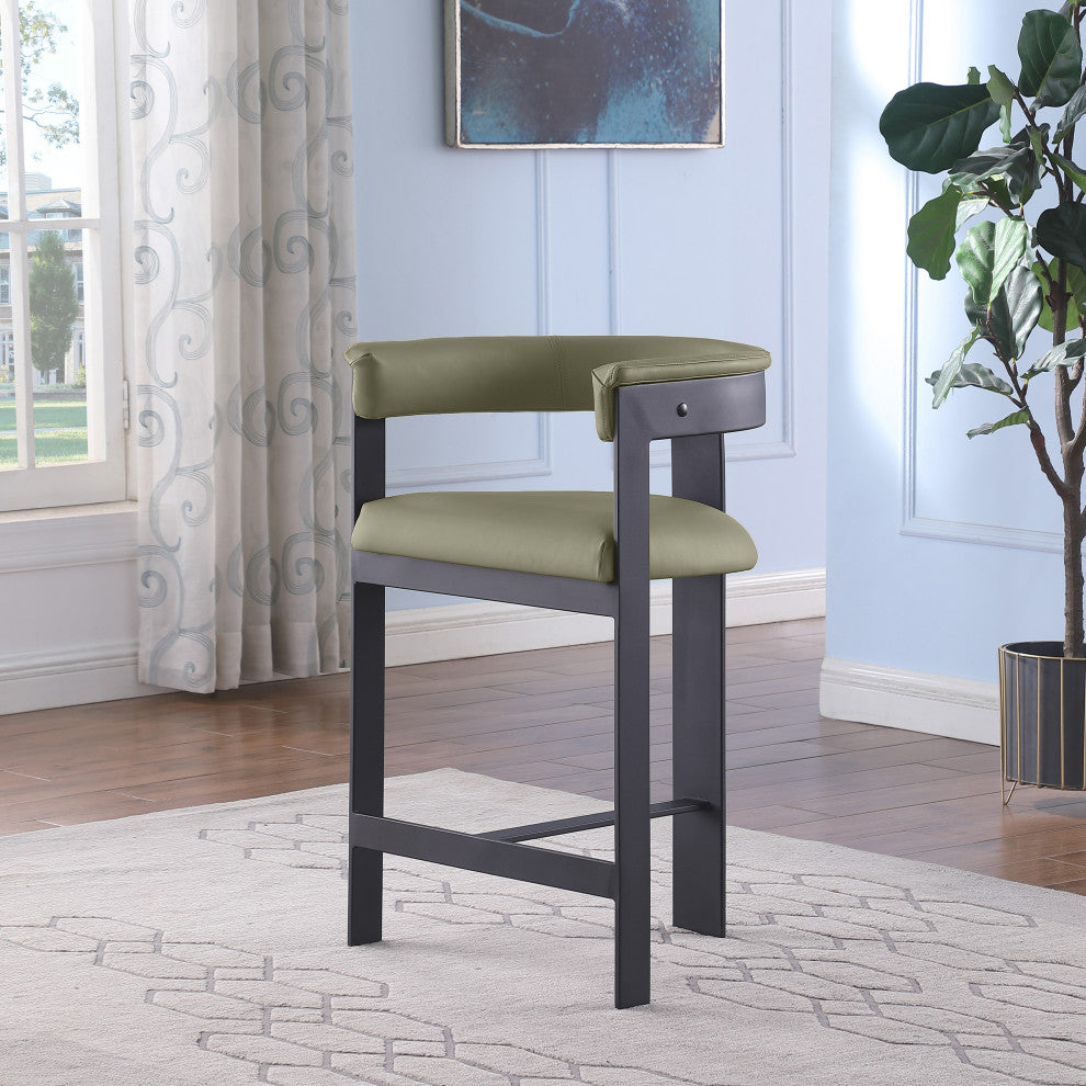 Romeo Upholstered Counter Stool, Olive, Vegan Leather, Matte Black Finish