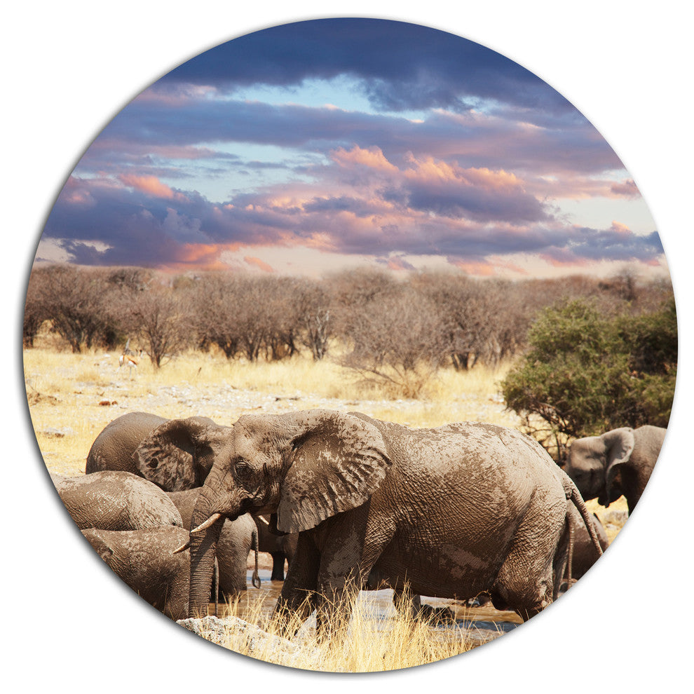 Memory Of Elephants In Bush, Animal Round Metal Wall Art, 11"