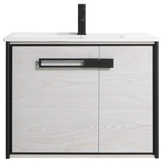 Oakville Wall Mount Bathroom Vanity, Mild Grey Oak, 30", Black Hardware