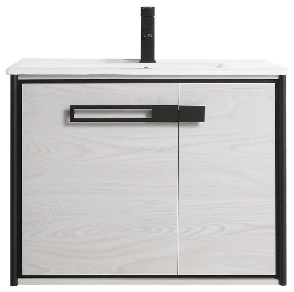 Oakville Wall Mount Bathroom Vanity, Mild Grey Oak, 30", Black Hardware