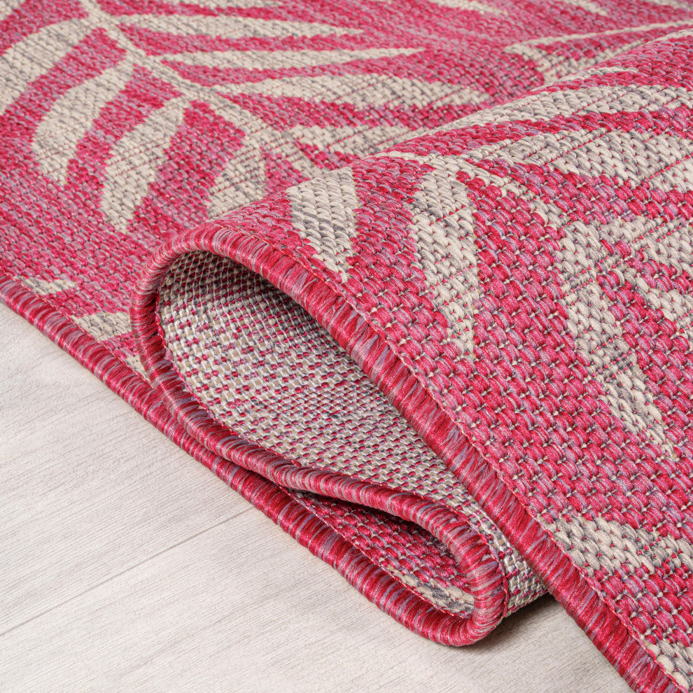 Nevis Palm Frond Indoor/Outdoor, Fuchsia/Light Gray, 2x10