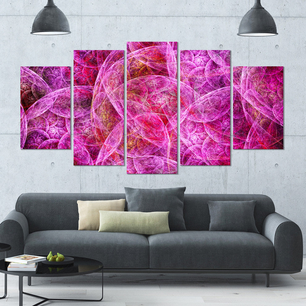 Pink Fractal Dramatic Clouds, Contemporary Canvas Wall Art, 60"x32", 5 Panels