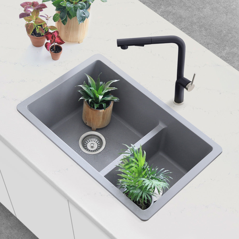 27"x18" Gray Double Bowl 60/40 Dual Mount Granite Kitchen Sink