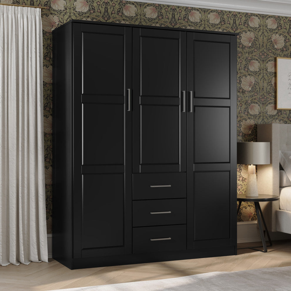 100% Solid Wood Cosmo 3-Door Wardrobe/Armoire, 2 Shelves, Black-Raised Panel