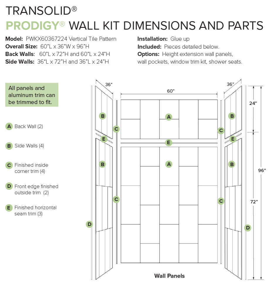 Transolid PWKX60367224-240 Prodigy 60"x36"x96" Shower Wall Kit, Grey Vertical