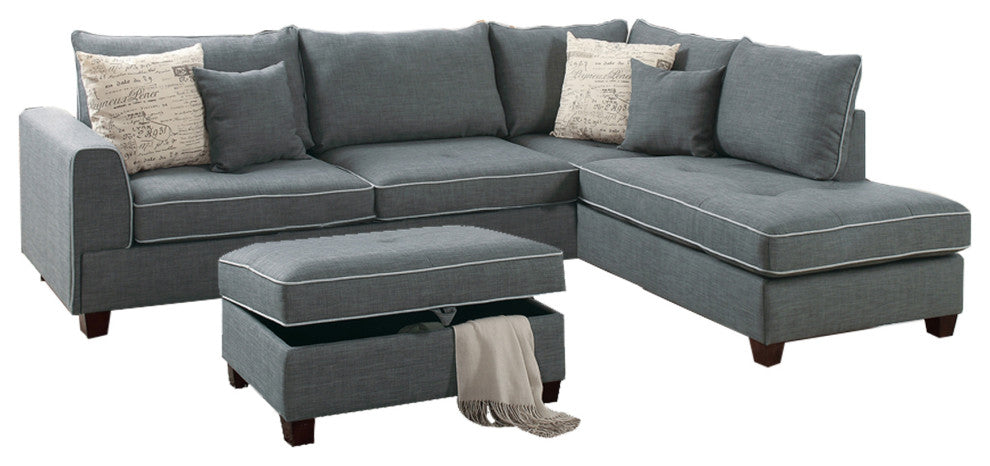 Benzara BM166705 Dorris Fabric 3 Piece Sectional With Storage Ottoman, Gray