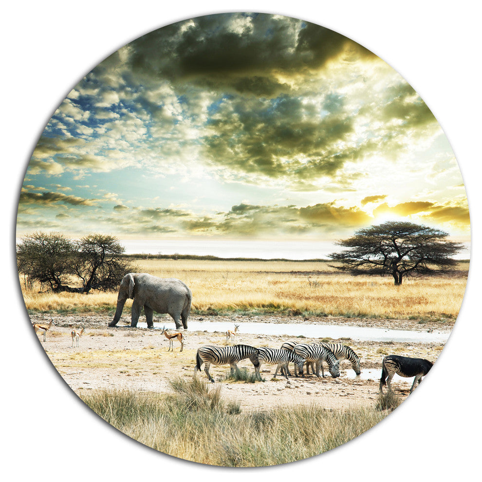 Wild African Zebras And Elephant, African Disc Metal Artwork, 11"