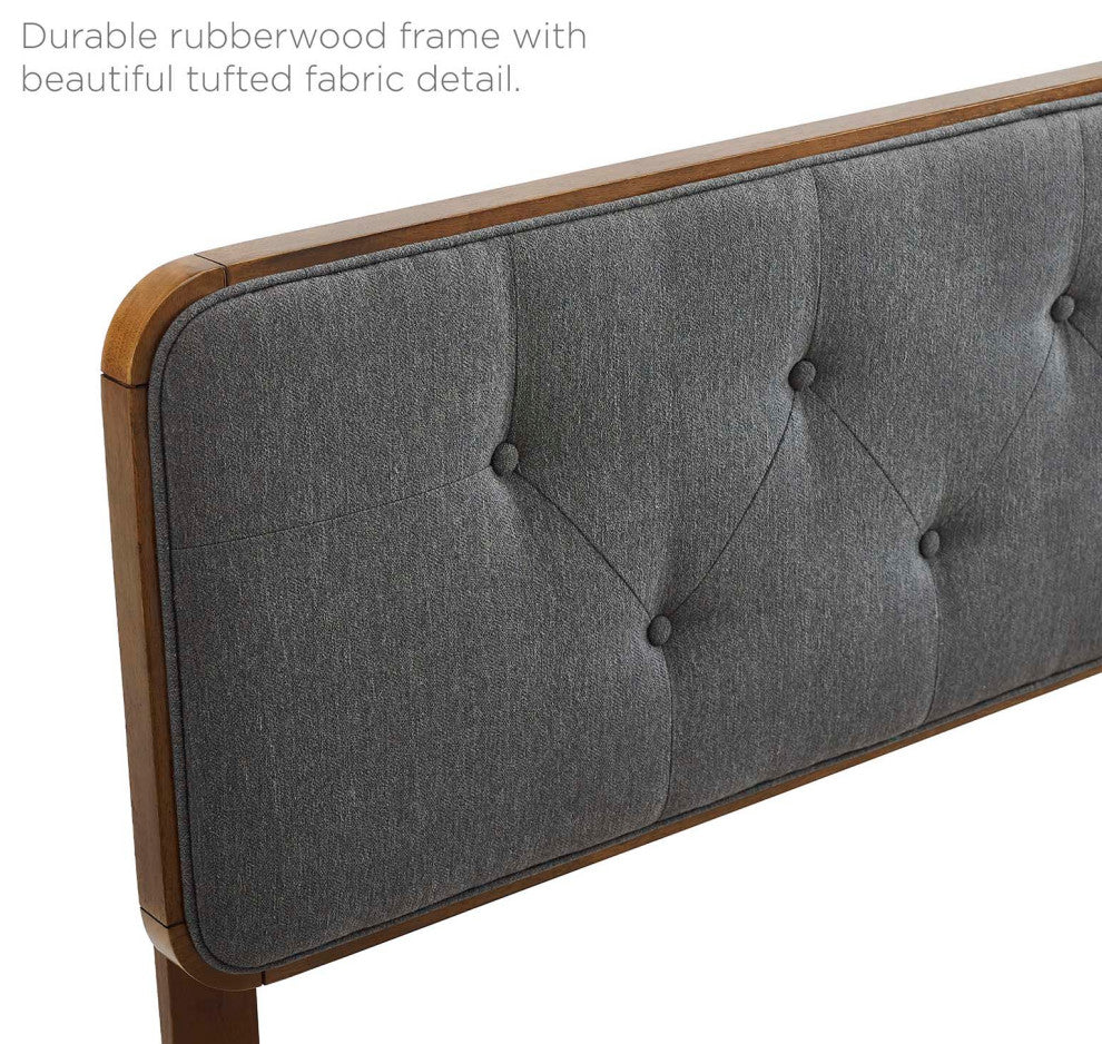 Platform Bed Frame, Queen Size, Fabric, Wood, Brown Walnut Gray, Modern
