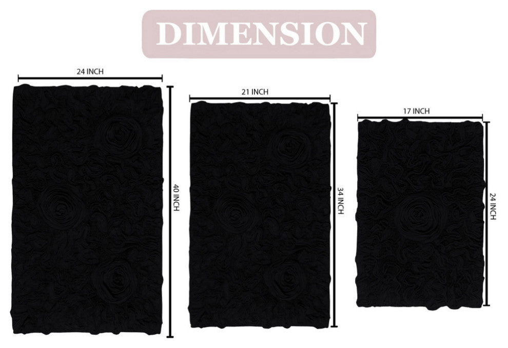 Modesto Collection 100% Cotton Machine Washable Bath Rug, 3-Piece Set, Black