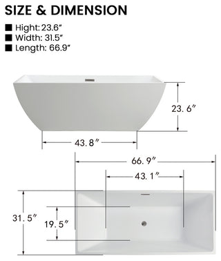 Vanity Art Acrylic Freestanding Soaking Bathtub, White/Brushed Nickel, 67"