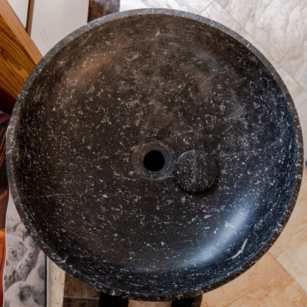 Natural Stone Black Marble Pedestal Round Sink Polished (D)20" (H)33.5
