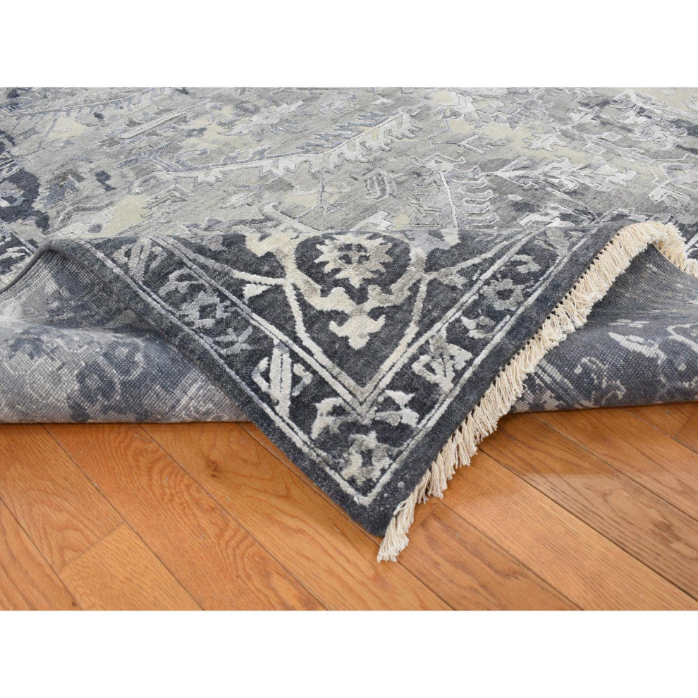 Gray Wool And Silk Broken and Erased Heriz Design Hand Knotted Rug 9'x11'10"