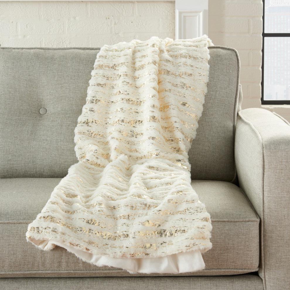 Nourison Home 50"x60" Fur Foil Stripes Fur Ivory Gold Throw Blanket