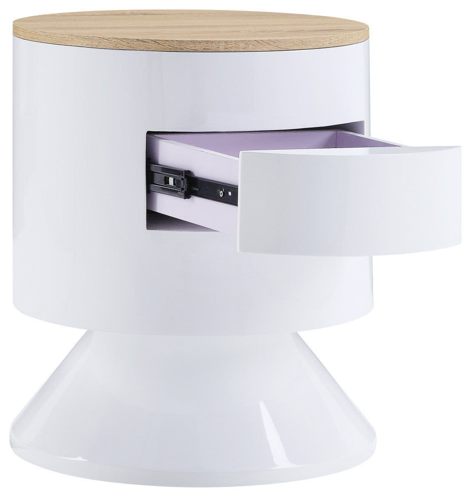 Benzara BM204600 1 Drawer Pyramidal Circular Wooden Night Table, White and Brown