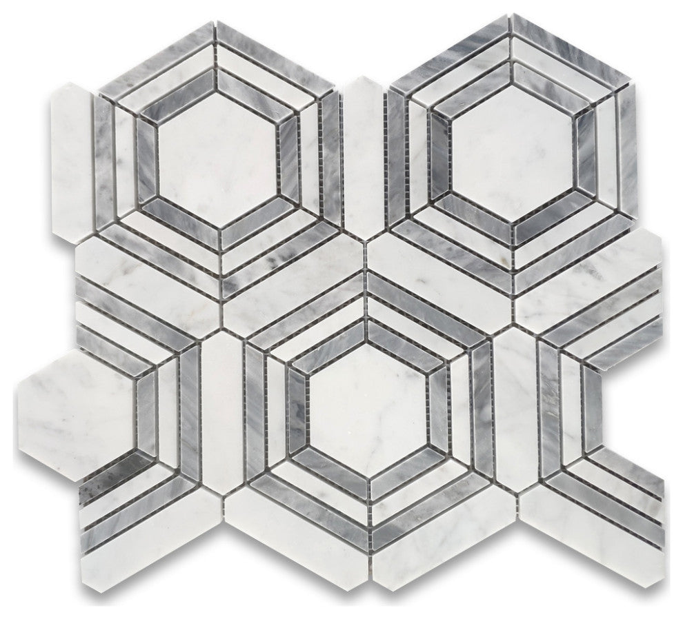 Carrara White Bardiglio Marble Hexagon Georama Geometric Tile Polished, 1 sheet
