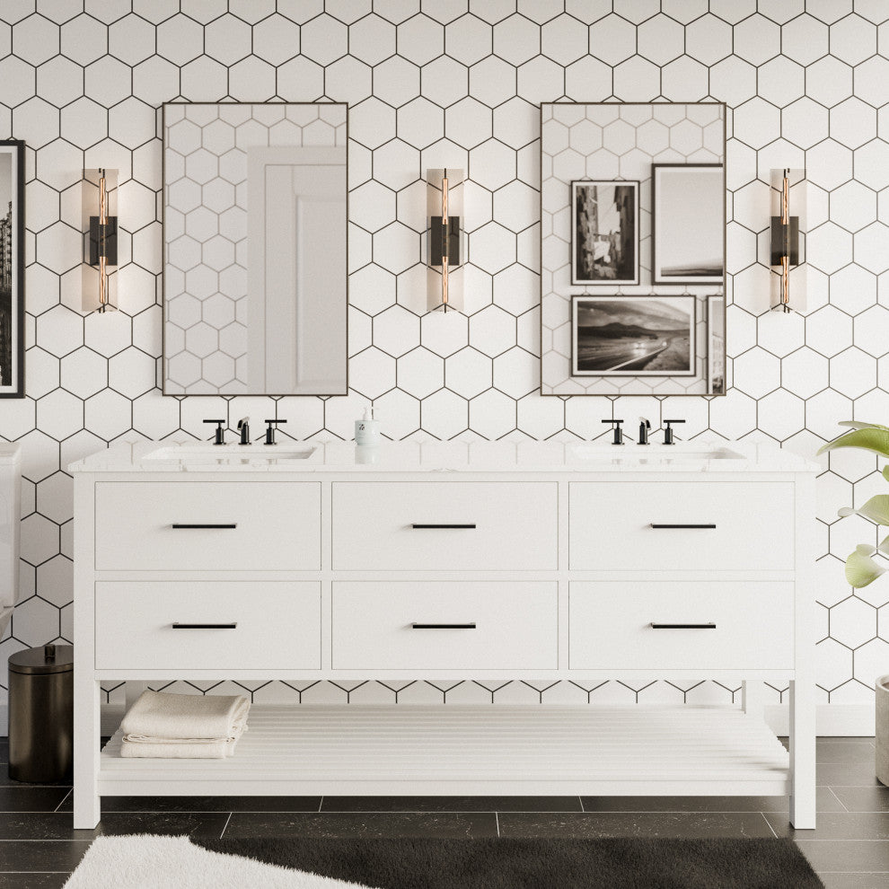 Hudson 72" Double Vanity, White, Engineered Marble