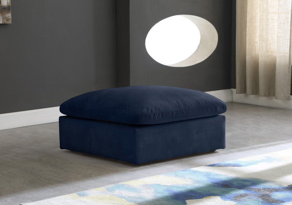 Cozy Velvet Upholstered Overstuffed Ottoman, Navy
