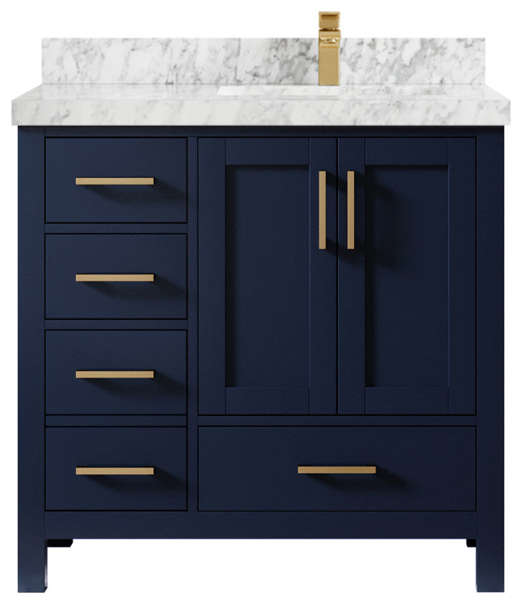 Malibu 36 Right Offset Bath Vanity in Navy Blue 2" Carrara Marble