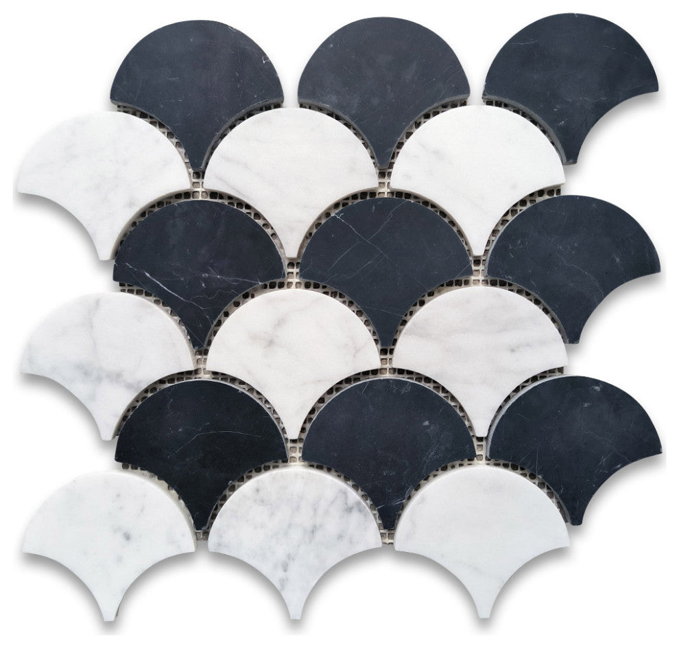 Carrara White Nero Marquina Black Marble Fish Scale Fan Mosaic Tile, 1 sheet