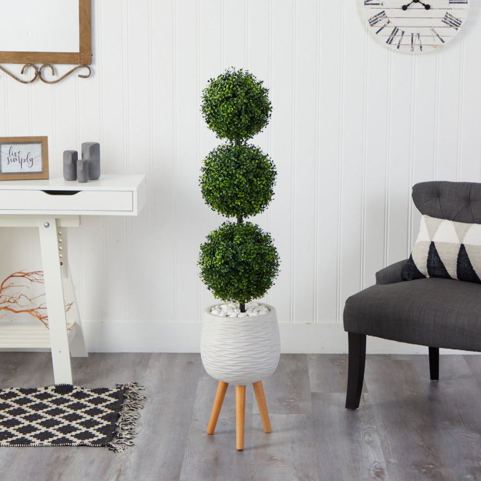 51" Boxwood Triple Ball Topiary Faux Tree White Planter W/ Stand Indoor/Outdoor