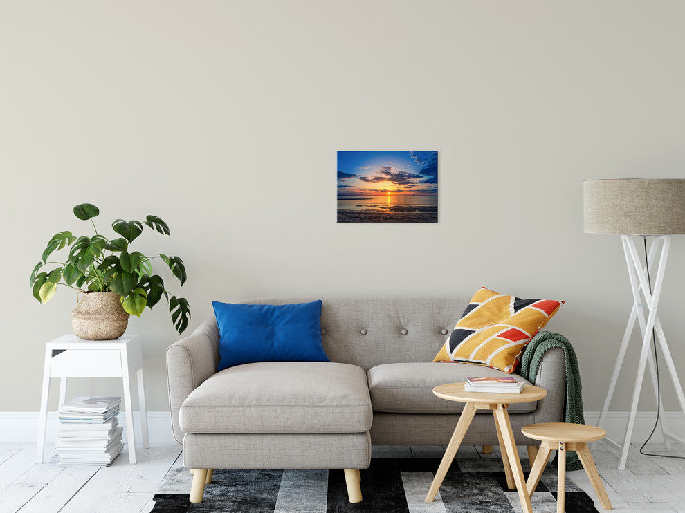 Sunset at Breakwater Lighthouse Coastal Landscape Photo Canvas Print, 12" X 16"