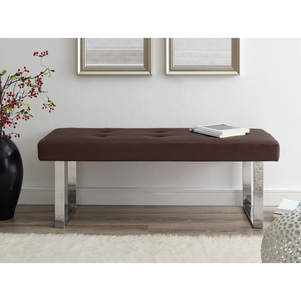Dolores PU Leather Button Tufted Chrome Steel Square Leg Bench, Brown