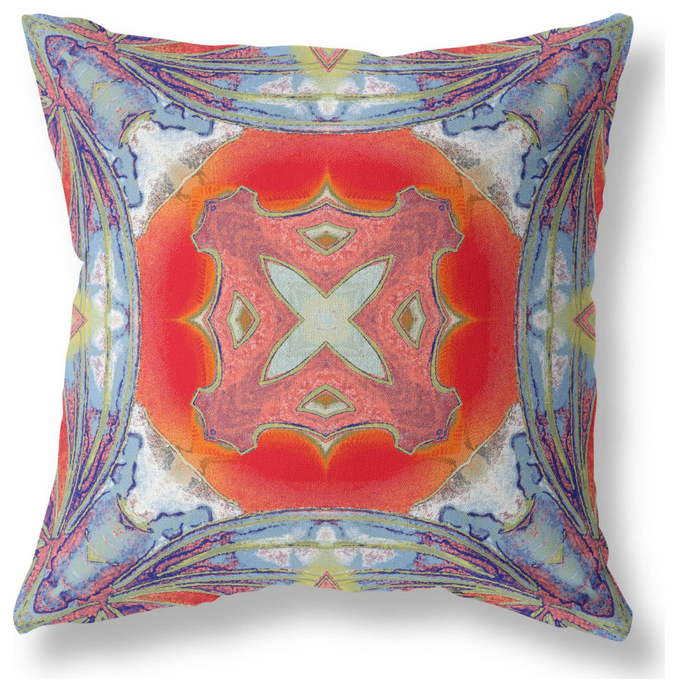 20" Blue Orange Geo Tribal Indoor Outdoor Throw Pillow