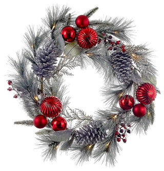 22" BatteryOperated Red Berries, Balls and Silver Pinecone Wreath