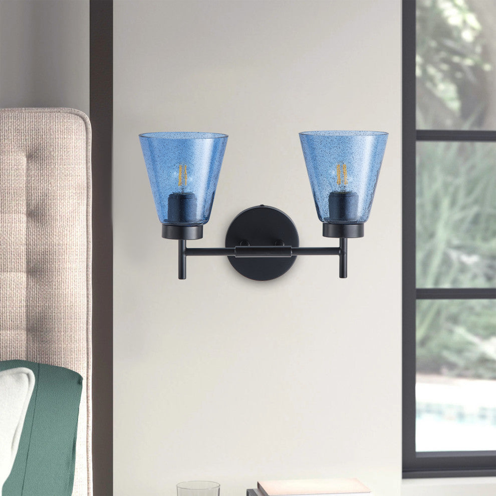 Modern Black 2-Light Wall Light with Blue Seeded Glass Shade