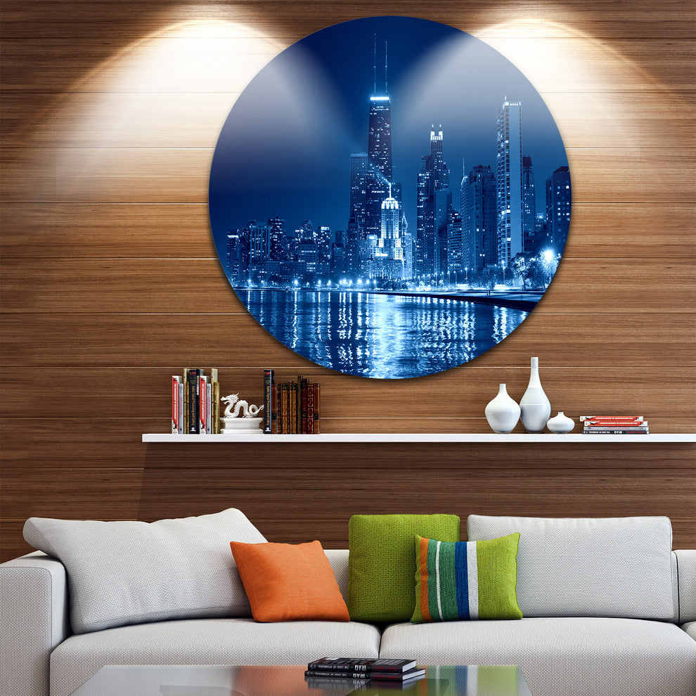 Blue Chicago Skyline Night, Cityscape Photo Round Wall Art, 11"