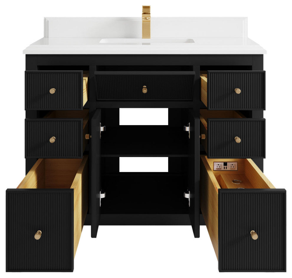 Sonoma 42 Single Sink Reeded Bath Vanity in Black 1.5" White Quartz