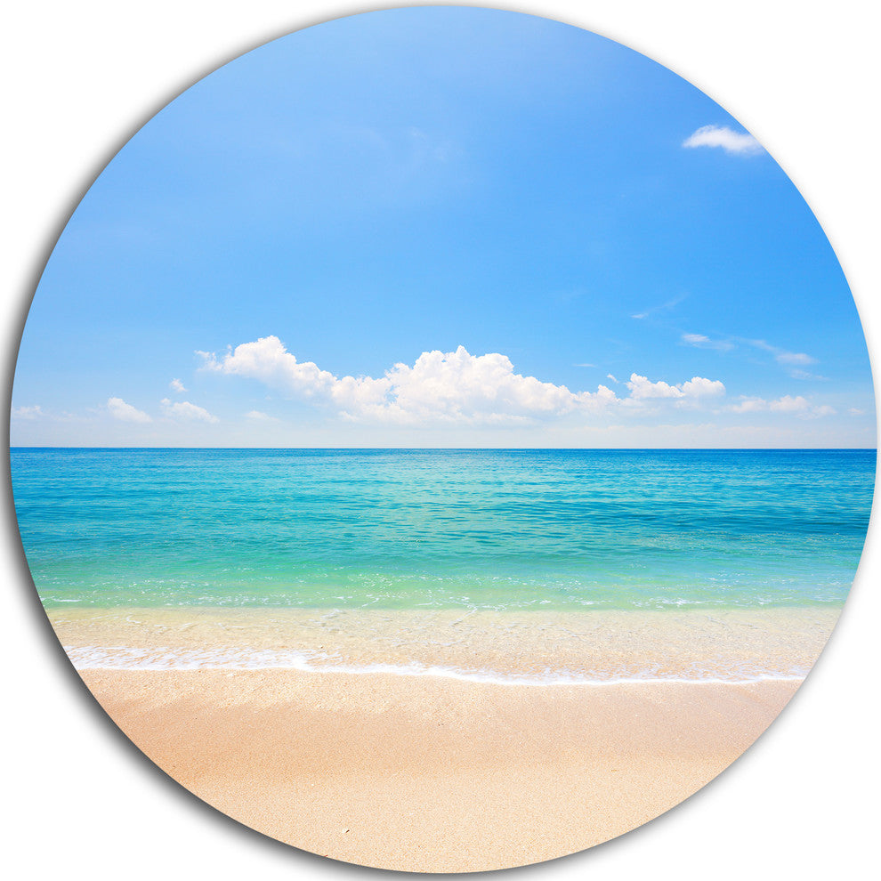 Cloudy Horizon Over Beach, Seashore Photo Round Metal Wall Art, 23"