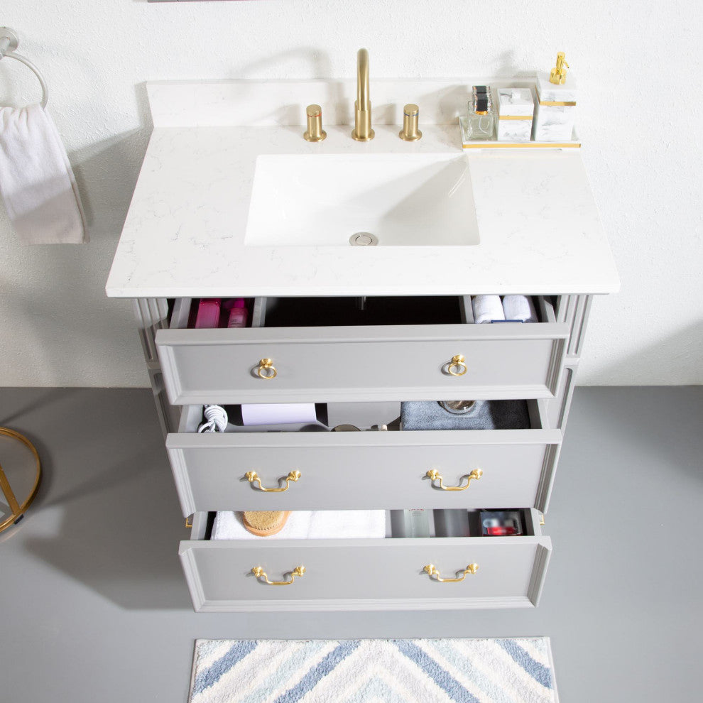 36 In Solid Wood Bathroom Vanity with Quartz Top and cUPC Certified Sink, Titanium Grey